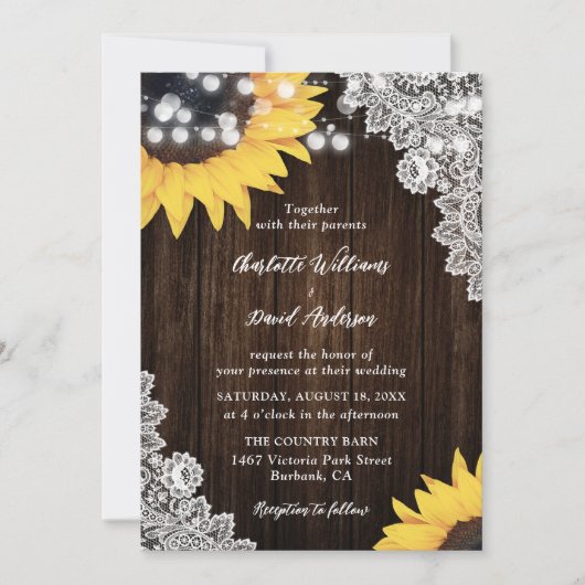 Rustic Wood Lace Sunflower Wedding Invitting Kaart (Voorkant)