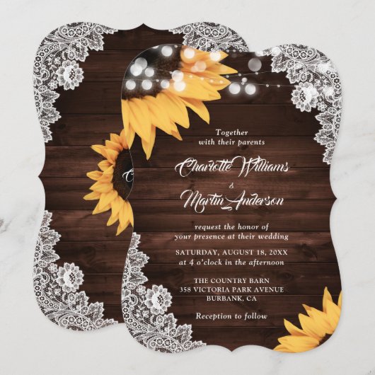 Rustic Wood Lace Sunflower Wedding Kaart (Voorkant / Achterkant)