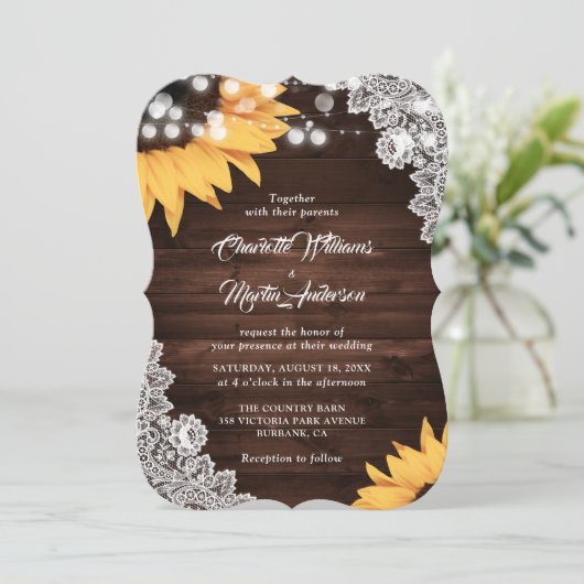 Rustic Wood Lace Sunflower Wedding Kaart (Staand voorkant)