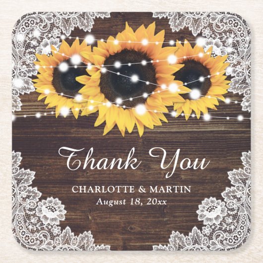 Rustic Wood Lace Sunflower Wedding Onderzetters (Voorkant)
