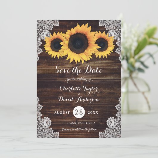Rustic Wood Lace Sunflower Wedding Save The Date (Staand voorkant)