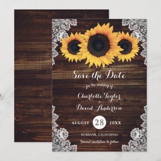 Rustic Wood Lace Sunflower Wedding Save The Date (Voorkant / Achterkant)