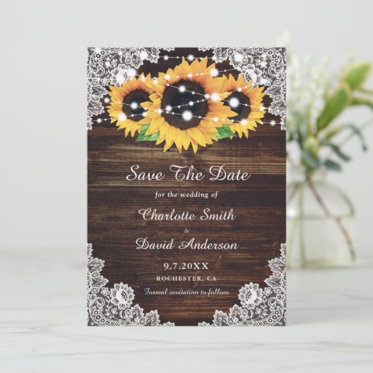 Rustic Wood Lace Sunflower Wedding Save The Date (Staand voorkant)