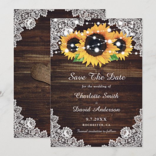 Rustic Wood Lace Sunflower Wedding Save The Date (Voorkant / Achterkant)