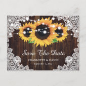 Rustic Wood Lace Sunflower Wedding Save the Date Aankondigingskaart (Voorkant)