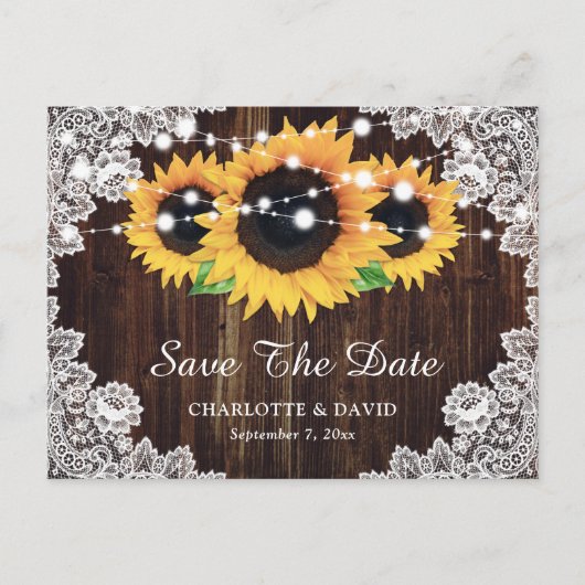 Rustic Wood Lace Sunflower Wedding Save the Date Aankondigingskaart (Voorkant)