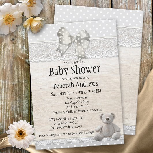 Rustic Wood Lace Teddy Bear Baby shower Invitation Kaart
