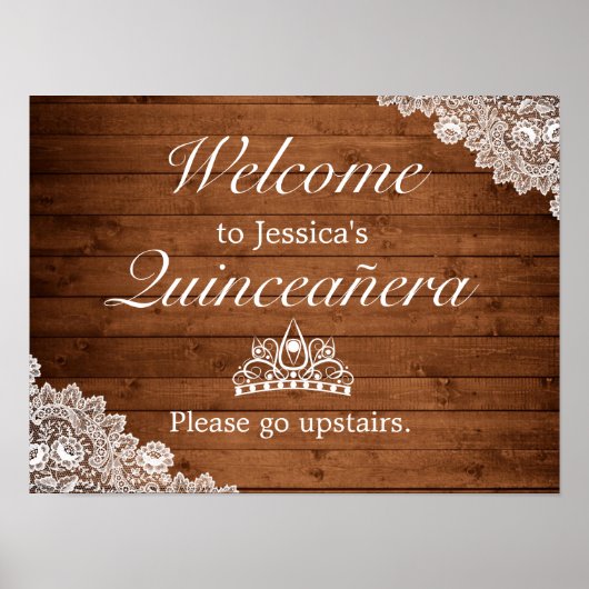 Rustic Wood & Lace Tiara Quinceanera Welkom Poster (Voorkant)
