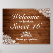 Rustic Wood & Lace Tiara Sweet 16 Welkomstteken Poster (Voorkant)