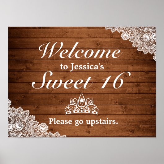 Rustic Wood & Lace Tiara Sweet 16 Welkomstteken Poster (Voorkant)