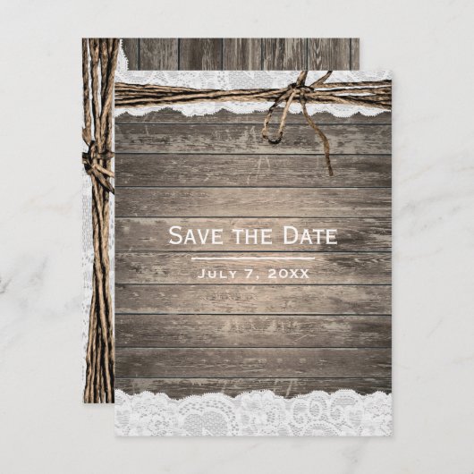 Rustic Wood Lace Twine Barn Wedding Save the Date Aankondigingskaart (Voorkant / Achterkant)