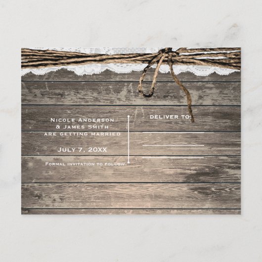 Rustic Wood Lace Twine Barn Wedding Save the Date Aankondigingskaart (Achterkant)