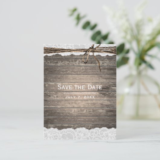 Rustic Wood Lace Twine Barn Wedding Save the Date Aankondigingskaart (Staand voorkant)