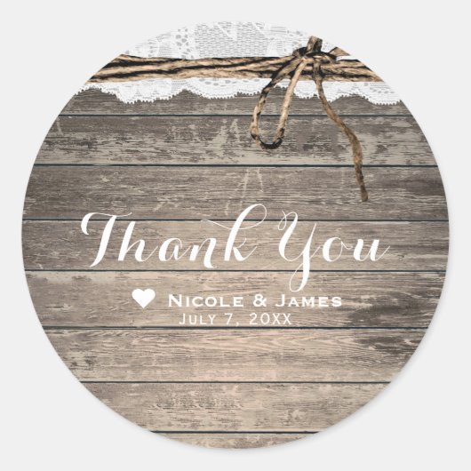 Rustic Wood Lace & Twine Romantic Wedding Favor Ronde Sticker (Voorkant)