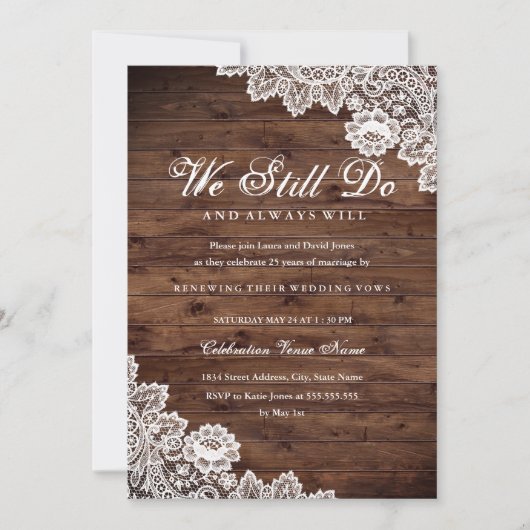 Rustic Wood Lace Vow Renewal Jubileum Kaart (Voorkant)