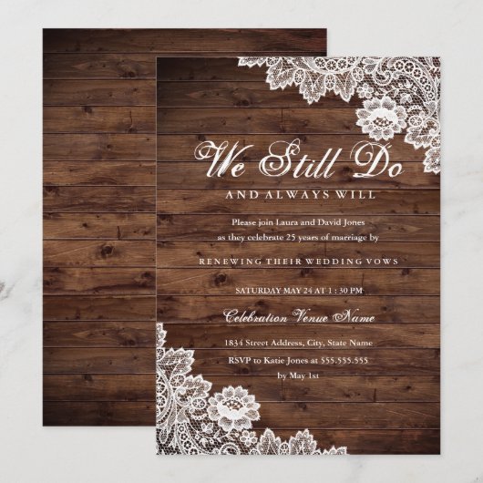 Rustic Wood Lace Vow Renewal Jubileum Kaart (Voorkant / Achterkant)