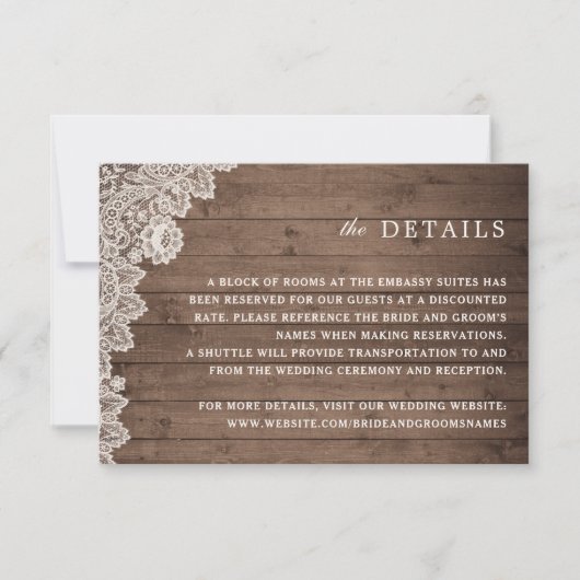 Rustic Wood Lace Wedding Details Kaart (Voorkant)