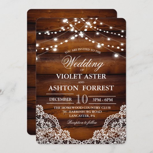 Rustic Wood Lace Wedding Invitation Kaart (Voorkant / Achterkant)