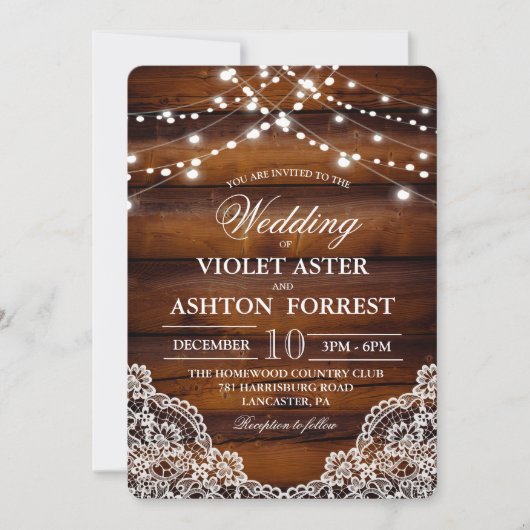 Rustic Wood Lace Wedding Invitation Kaart (Voorkant)
