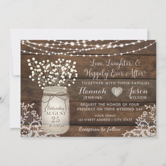 Rustic Wood Lace Wedding Invitation, Mason Jar Kaart (Voorkant)