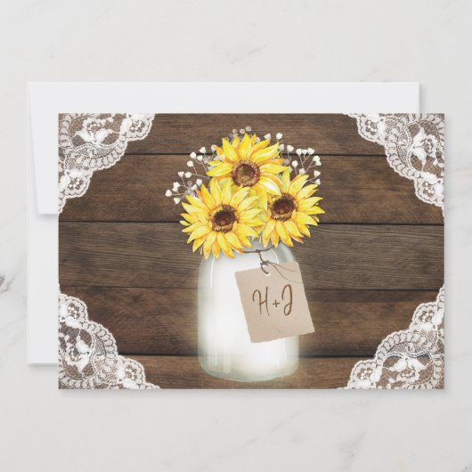 Rustic Wood Lace Wedding Invitation, Sunflower Jar Kaart (Achterkant)