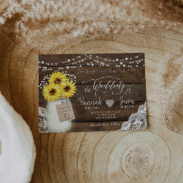 Rustic Wood Lace Wedding Invitation, Sunflower Jar Kaart
