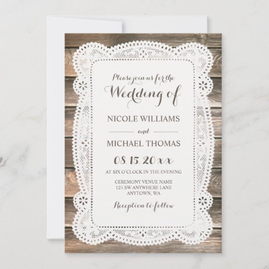 Rustic Wood Lace Wedding Invitations Kaart (Voorkant)