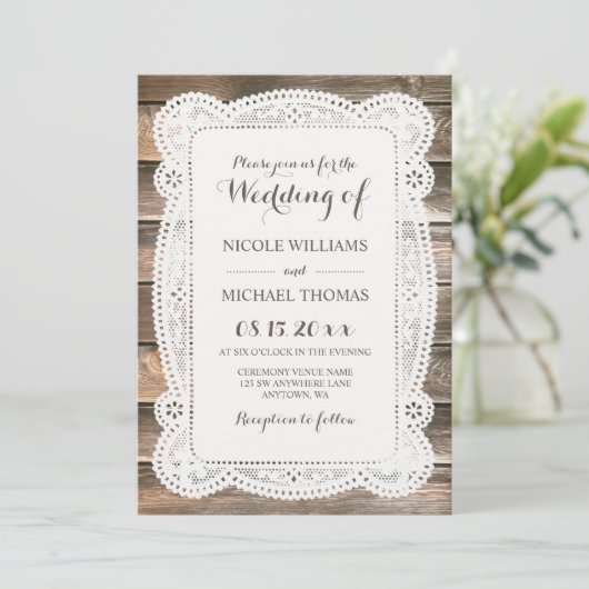 Rustic Wood Lace Wedding Invitations Kaart (Staand voorkant)
