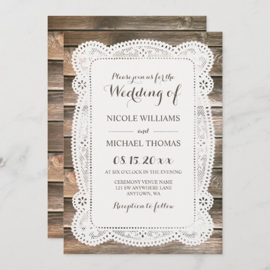Rustic Wood Lace Wedding Invitations Kaart (Voorkant / Achterkant)