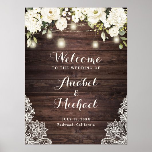 Rustic Wood Lace White Flower Weddenschap Welcome Poster (Voorkant)