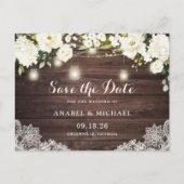Rustic Wood Lace White Flowers Save the Date Aankondigingskaart (Voorkant)