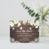 Rustic Wood Lace White Flowers Save the Date Aankondigingskaart (Staand voorkant)