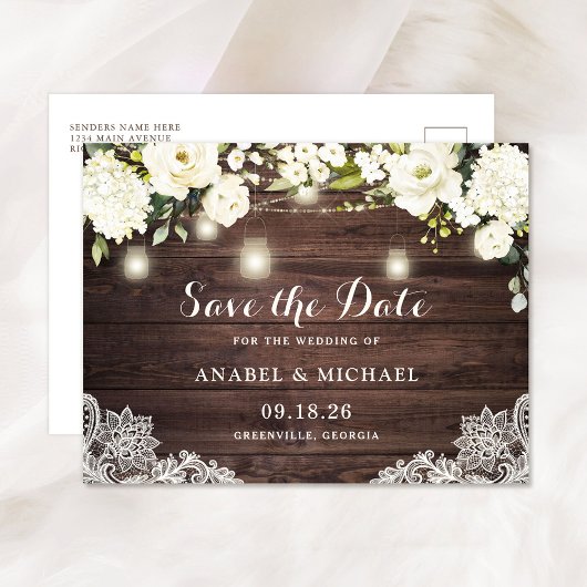 Rustic Wood Lace White Flowers Save the Date Aankondigingskaart