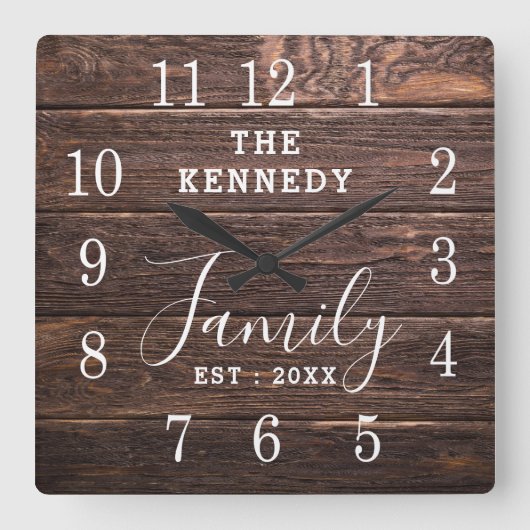 Rustic Wood Land Farmhouse Naam Vierkante Klok (Voorkant)