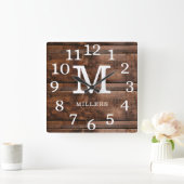 Rustic Wood Large Numbers Familie Name Monogram Vierkante Klok (Huis)