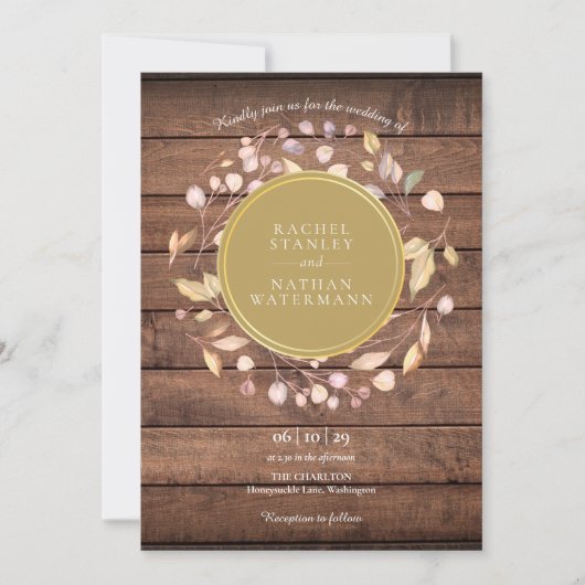 Rustic Wood Laurel Garland Gold Wedding Kaart (Voorkant)