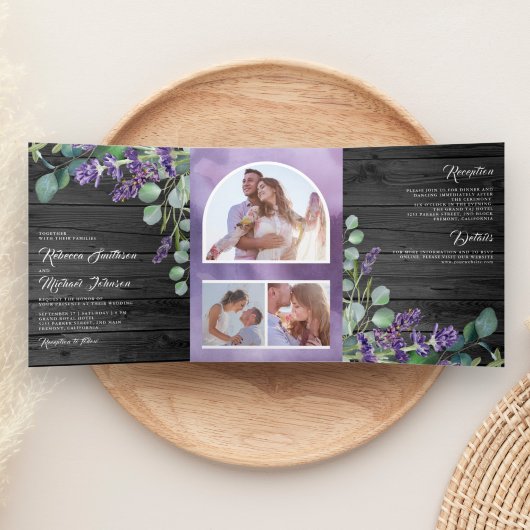 Rustic Wood Lavender Eucalyptus Photo Arch Wedding Drieluik Uitnodiging