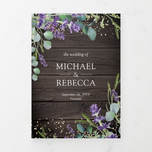 Rustic Wood Lavender Eucalyptus QR Code Weddenscha Drieluik Uitnodiging (Cover)