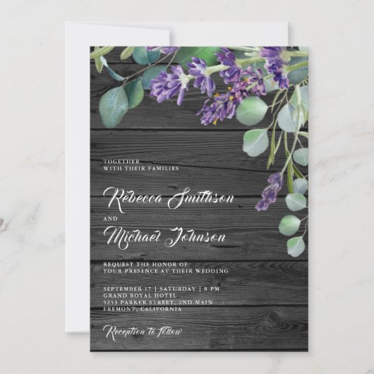 Rustic Wood Lavender Eucalyptus QR Code Weddenscha Kaart (Voorkant)