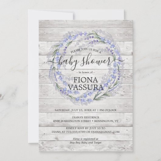 Rustic Wood Lavender Floral Wreate Baby shower Kaart (Voorkant)