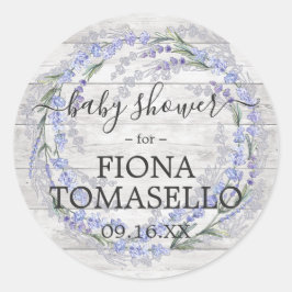 Rustic Wood Lavender Floral Wreate Baby shower Ronde Sticker