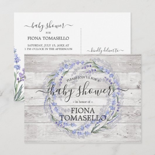 Rustic Wood Lavender Floral Wreate Baby shower Uitnodiging Briefkaart (Voorkant / Achterkant)