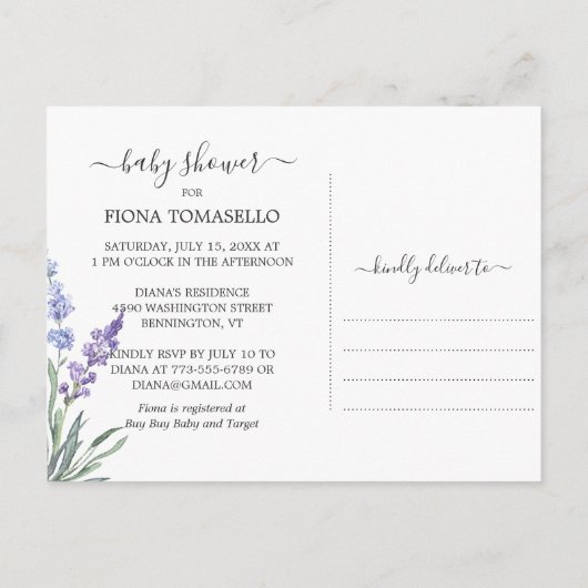 Rustic Wood Lavender Floral Wreate Baby shower Uitnodiging Briefkaart (Achterkant)