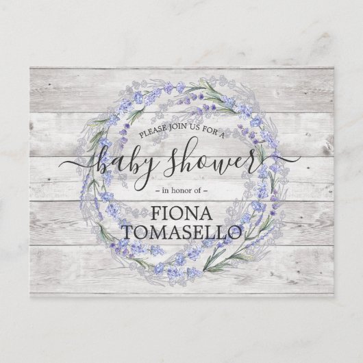 Rustic Wood Lavender Floral Wreate Baby shower Uitnodiging Briefkaart (Voorkant)