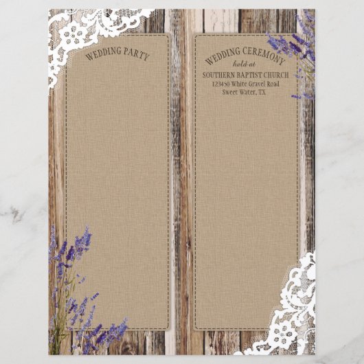 Rustic Wood Lavender Lace Floral Program Kaart (Achterkant)