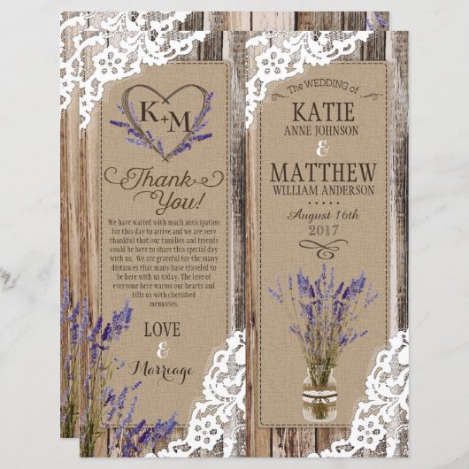 Rustic Wood Lavender Lace Floral Program Kaart (Voorkant / Achterkant)
