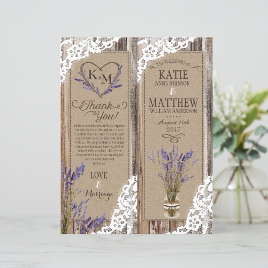 Rustic Wood Lavender Lace Floral Program Kaart (Staand voorkant)