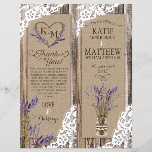 Rustic Wood Lavender Lace Floral Program Kaart (Voorkant)