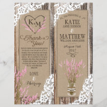 Rustic Wood Lavender Lace Floral Program Kaart