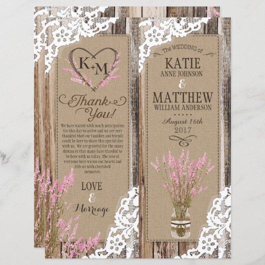 Rustic Wood Lavender Lace Floral Program Kaart (Voorkant / Achterkant)